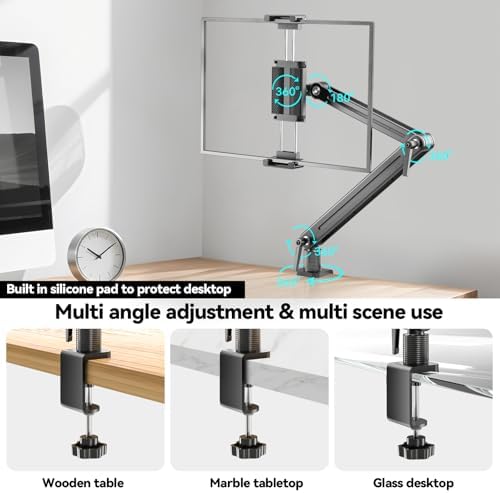 Portable Monitor Stand Desk Holder- Large Clamp support up to 6.5 12.9 14.6 15.6 18.5 inch 360° Rotating Base Swivel Tall Desk Arm Mount for iPad Pro/Mini/Air/Surface Strong Bearing Weight over 5.5lbs