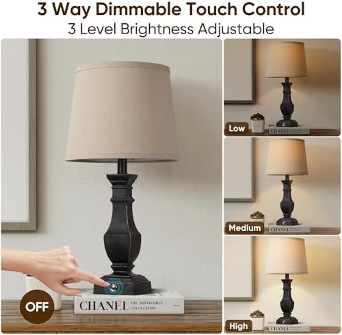 ROTTOGOON Dimmable Table Lamps Set of 2, Rustic Farmhouse Table Lamps for Living Room Bedroom, Bedside Desk Lamps for end Tables, Touch Lamps for nightstand, 9W Bulbs Included, 22", Black