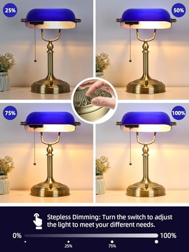 Blue Stepless Dimmable Glass Bankers Desk Lamp