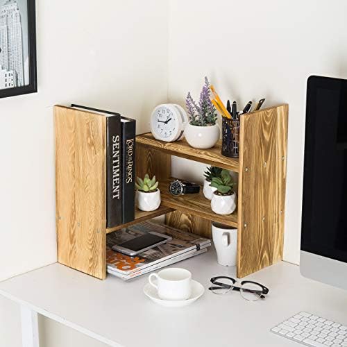 MyGift Adjustable Dark Brown Solid Wood Desktop Storage Organizer Display Shelf Book Rack, Home Office Desk Decor Bookshelf