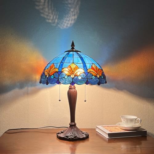 Tiffany Table Lamp 16" Blue Large Stained Glass Desk Reading Light