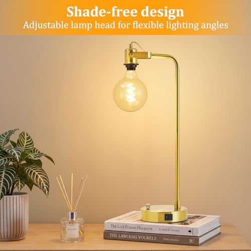 Gold Table Lamp Set of 2, USB A+C, 180° Adjustable Bedside Lamps, Dimmable