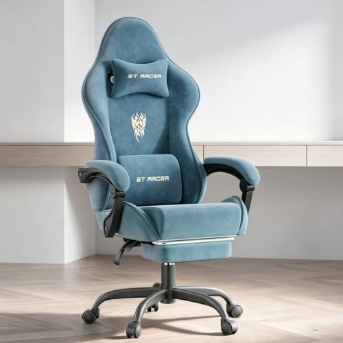 Soontrans Velvet Fabric Ergonomic Gaming Chair with Footrest, Reclining Office Computer Desk Game Chairs with Massage Lumbar Cushion,Headrest,Comfortable Video Gamer Chair for Adult