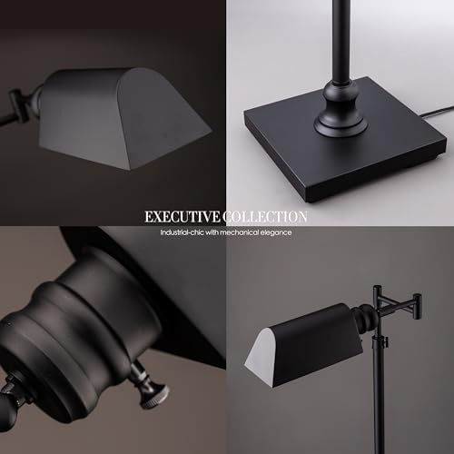 O’Bright Arcadia - Pharmacy Floor Lamp, Full Range Dimming, Swing Arm Task Lamp, E26 Socket, Bulb Replaceable, Adjustable Height 47” to 55”, 360° Rotatable Shade, All-Metal Design, Black