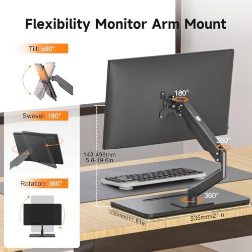 suptek Single Monitor Mount Gas Spring Arm Mount with Base,Free standing Pneumatic Height Adjustable Monitor Desk Stand for 17 to 35 inch,Holds up to 24.25lbs,Black(ML8XC)