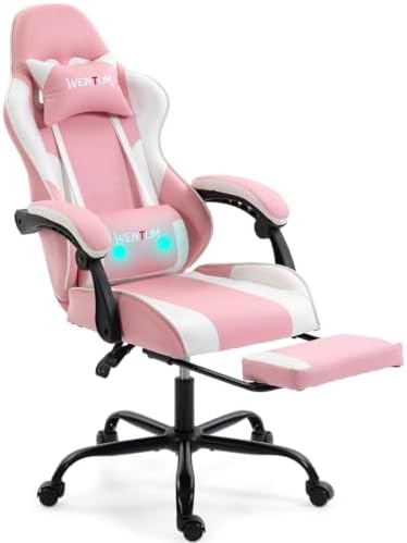 Gaming Chair, Video Game Chair with Footrest and Massage Lumbar Support, Height Adjustable Ergonomic Computer Chair with Swivel Seat and Headrest for Home Office (Pink)