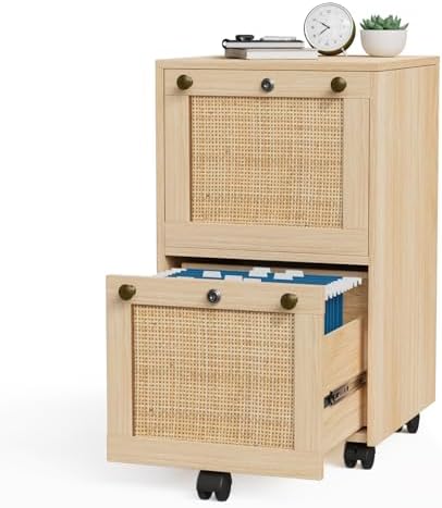 VINGLI 2 Drawer File Cabinet with Lock, Rolling File Cabinets for Home Office, Small Printer Stand, Wood Rattan Oak File Organizer, Under Desk Filing Cabinet on Wheels for Folders with Tabs
