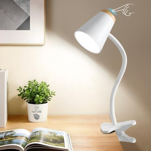 EJIAXIN Clip on Desk Lamp for Home Office - Small LED Touch Dimmable Reading Light for College Dorm Room - Adjustable Flexible Gooseneck Clamp Light Table Lamp for Bedside Bedroom Bed Headboard White