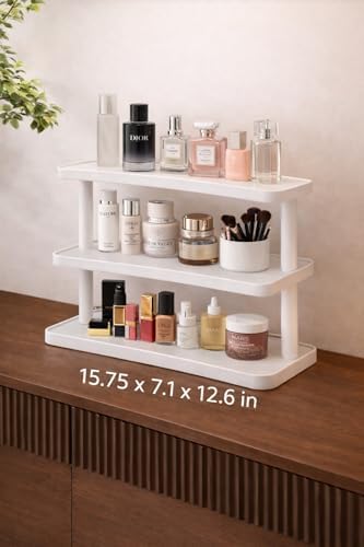 HealthEmpire 3-Tier Cosmetic Organizer Shelf for Countertop – Wooden Makeup & Skincare Storage Rack, Bathroom Vanity Display Stand for Perfume, Toiletries & Office Desk Organization (White)