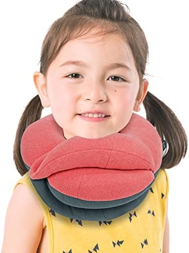 BUYUE Kids Travel Pillows for Airplane, Memory Foam 360° Head Support Sleeping Essentials for Girls Long Flight, Skin-Friendly Soft Neck Pillow for Traveling in Car Seat, (Small, Pink Grey, 40-90 lbs)