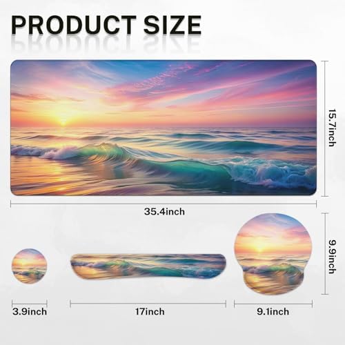Britimes Keyboard Mouse Pad Set, 4 in 1 Desk Mat Set, Sunset Beach