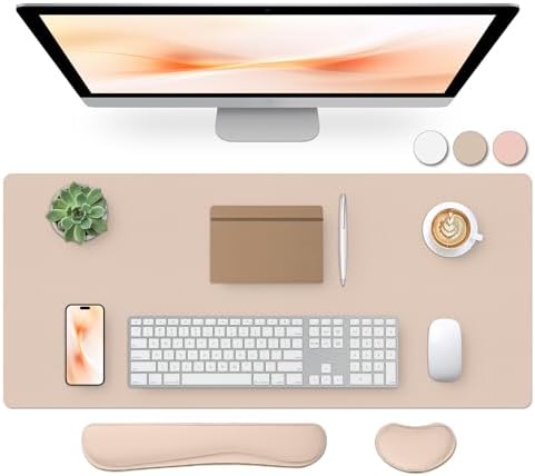 Bloss Leather Desk Pad and Keyboard Wrist Rest, Large Mouse Pad + Keyboard Pad+Mouse Wrist Support, Non-Slip Desk Mat Protector for Office, Home (35.4×15.7 Inches,Beige)