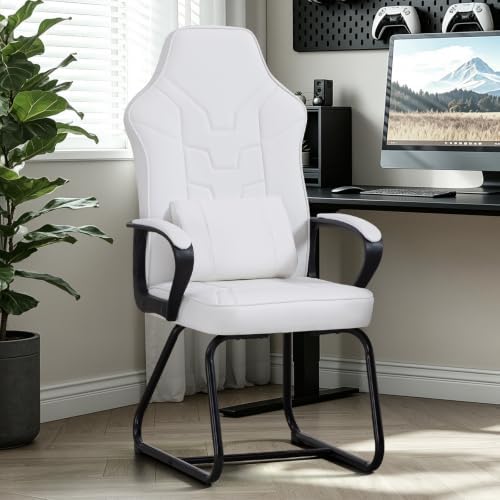 Leather Office Guest Chair No Wheels High Back Computer Reception Chairs with Padded Arms Waist Pillow for Gaming Meeting Conference Waiting Room, White