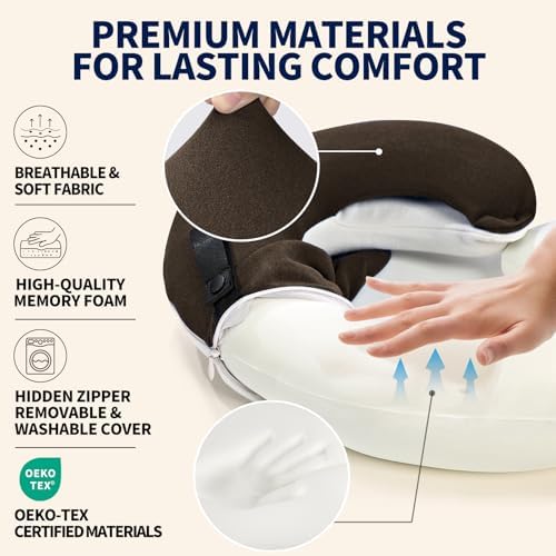 BUYUE Travel Neck Pillows for Airplanes, Memory Foam 360° Head Support Sleep for Long Flight, Skin-Friendly & Breathable, Kit with Eye Mask, Earplugs and Storage Bag (Adult, Brown, 90+ lbs)