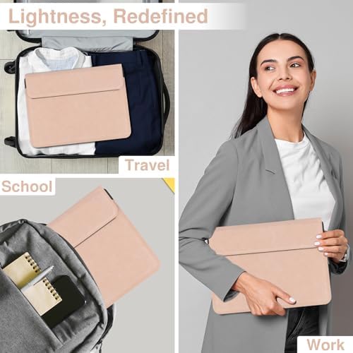 Allinside 13-14 Inch Laptop Sleeve Case for MacBook Pro 14" 2021-2026/MacBook Air 13" 2010-2017/MacBook Pro 13" 2010-2015, Waterproof PU Matte Leather Sleeve with Stand & Accessory Pouch, Pale Pink