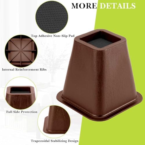 6 Pack Furniture Risers 6 Inch, Bed Risers Heavy Duty for Table Desk Couch Chair Sofa Cabinet Bed Frame Dorm, Square Table Leg Risers Lift Height 6", Chocolat Brown