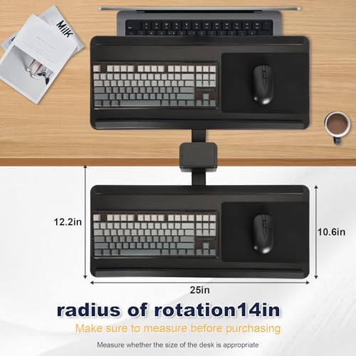 Adjustable Under Desk Keyboard Tray, 25"×10.6"360° Rotating Ergonomic Tray