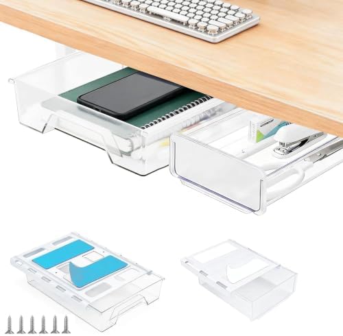 2 Pack 10.91"x 8.23" Under Desk Drawer Storage Organizer, Durable PC Material Self-Adhesive with Slide Out Rail, Hidden Hanging Desk Drawer for Office Supplies, Stationery, No Drilling Install, Clear