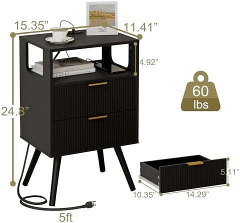 JOONEE Black Nightstand with Charging Station and LED Lights,Modern Bedside Table with 2 Storage Drawer and Open Wood Shelf, for Bedroom and Small Spaces,Night Stand with Solid Wood Legs,Black