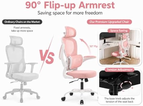 Ergonomic Office Chair with Adjustable Headrest & Lumbar Support, High Back Mesh Desk Chair, 330 LBS Capacity Swivel Computer Chair with Flip-Up Arms, Home Office Gaming Chair(Pink)