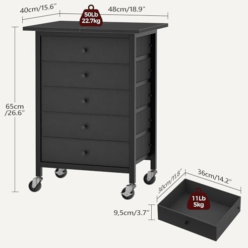 MAHANCRIS 5 Drawer File Cabinet,Rolling Filing Chest Cabinet with Wheels, Under Desk Storage Organizer, Printer Stand with Non-Woven Fabric Drawer, for Home Office, Study, Black FCBK4801