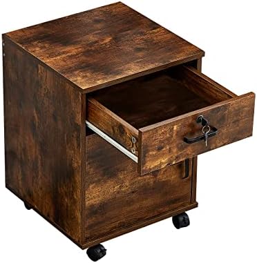 OFCASA File Cabinet with Lock, Small Rolling Filing Cabinets for Home Office, 1-Drawer Wood Under Desk File Cabinet with Wheels, Mobile Storage Organizer/Printer Stand for Letter/Legal, Rustic Brown