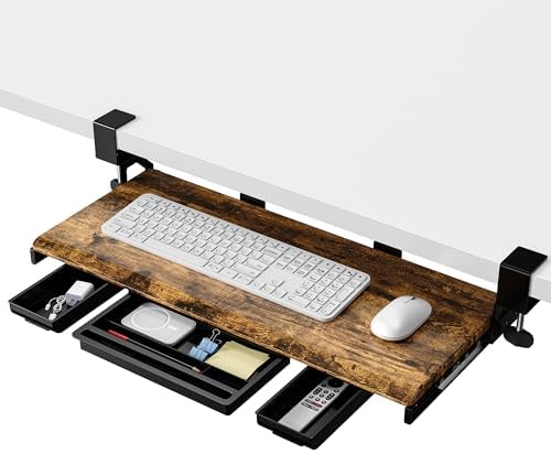 ETHU Under Desk Keyboard Tray with Metal Slide Rail, 26.8x11.8", Walnut