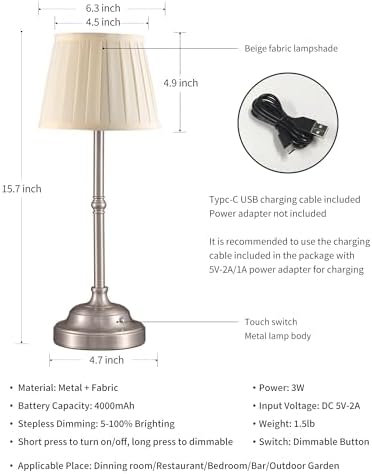 KDG Nickel Cordless LED Table Lamps Set of 2, Beige Fabric Shade Desk Lamps