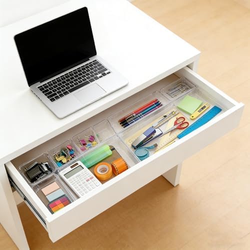27 PCS Clear Drawer Organizer Set, 4 Sizes Desk Drawer Storage Bins, Divider Trays for Makeup, Vanity, Bathroom, Kitchen, Office