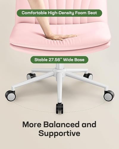 Marsail Armless-Office Desk Chair with Wheels: PU Leather Cross Legged Wide Chair,Comfortable Adjustable Swivel Computer Task Chairs for Home,Office,Make Up,Small Space,Bed Room, Pink