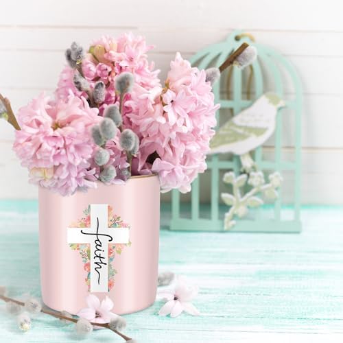 Ceramic Pen Holder for Desk Cute, Pencil Holder Cup, Makeup Brush Holder Pink, Multi-Functional Organizer for Office, Religious Style