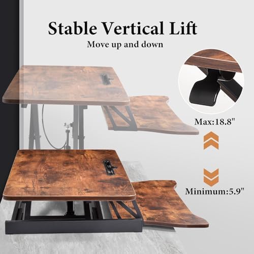 38" Desk Converter, Height Adjustable Sit to Stand Riser, 2 Monitor and Laptop Workstation with Wide Keyboard Tray, Stand Up Home Office Workstation - Rising Desk with Spring Loaded Lift, Tiger Brown
