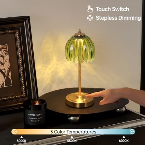 Shenmoyl Set of 2 Tulip Table Lamp with 5000mAh Battery & Touch Control, Cordless Table Lamp with 3 Colors, Dimmable Rechargeable Table Lamps for Bedroom, Living Room, Entryways (Green Tulip)