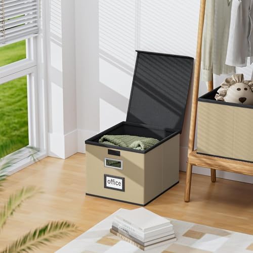 Foldable File Organizer Box with Lids (2 Pack, Khaki, Leather)