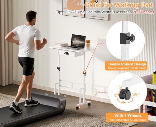 Cidaziya Adjustable Height Standing Desk for Walking Pad Treadmill, Portable Rolling Desk for Laptop with Drawer, Small Moblie Sit to Stand Desk On Wheels with Stiffener for Home Office Dorm Bedroom