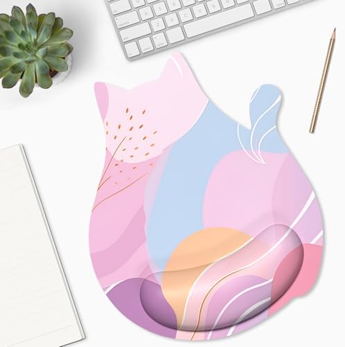Ergonomic Mouse Pad with Wrist Rest, Cute Cat Memory Foam Padded Pain Relief Non-Slip Wrist Support Mouse Mat for Gaming Work Computer Laptop, Funny Office Supplies Desk Accessory, Pink Art