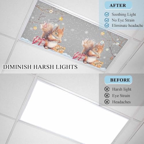 1 Pcs Fluorescent Light Covers for Ceiling Lights,Xmas Squirrel Winter Snowflake,Magnetic Light Filters Drop Fluorescent Lights Shade for Office Christmas Ball Branch Gray