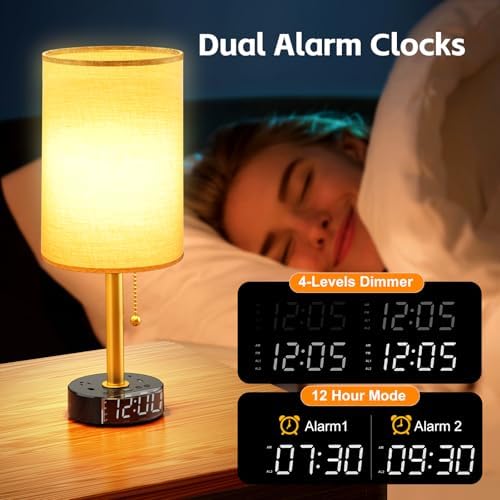 Bedside Desk Lamp for Bedroom, Table Lamp with USB A & USB C Fast Charging Ports & 2 AC Power Outlets, Alarm Clock Base, Round Black Fabric Lampshade Modern Nightstand Lamp for Living Room Home Office