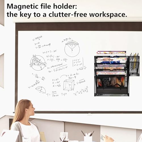 Magnetic File Holder, Magnetic File Organizer Wall Mount, 5 Tier Hanging Mail Organizer Folder Holder, Mesh Desk Accessories and Organizers, Paper Document Magazine Rack with 3 Pen Holder