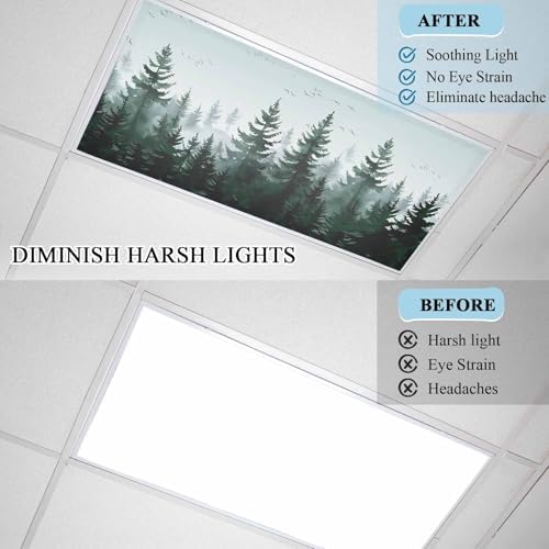 Pine Tree Forest Magnetic Fluorescent Light Covers for Ceiling Lights 2 x 4 Feet, Green Landscape Nature Decor Office Classroom Kitchen Drop Ceiling Light Covers Lighting Filters Shade Panel 1 Pack