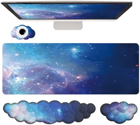 Cloud Wrist Rest Keyboard Galaxy Mouse Pad Set Gradient Blue Large Desk Mat Ergonomic Space Wrist Pad Memory Foam Non-Slip Stars Wrist Support for Computer Laptop Gaming Home Office Relief Typing Pain