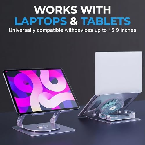 Adjustable Laptop Cooling Stand, 3-Speed Fan with RGB, 360° Rotating Base, Carbon Steel Foldable Laptop Riser, Ergonomic Height & Angle Adjustable Cooling Pad for Laptops & Tablets Up to 16” (Silver)