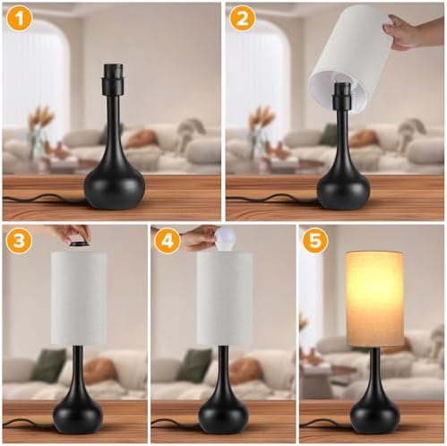 2 Pack Touch Bedside Lamp for Nightstand,3-Way Dimmable,Space Saving & No Assembly Required, Upgraded Small Droplet Vintage Black Table Lamp for Bedroom, Living Room (Bulb Included)