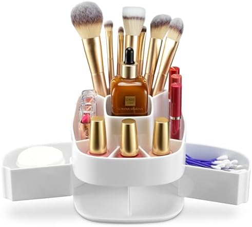 Masirs Small 360 Rotating Makeup Organizer, 5 Compartments, Square White