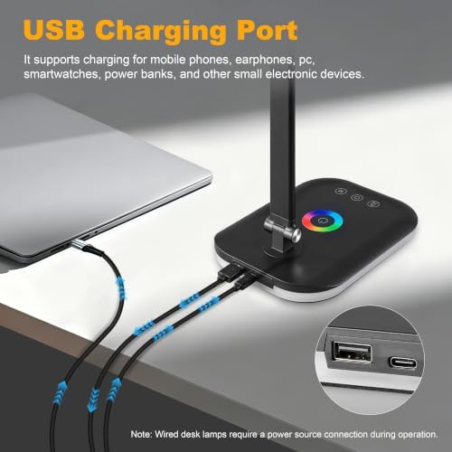 LED Desk Lamp,5 Color Modes, USB Charging Port for Home Office Dimmable Eye Caring Table Light with Timer for Work Study,Reading Lamp Touch Control with RGB,Flexible Rotation Design