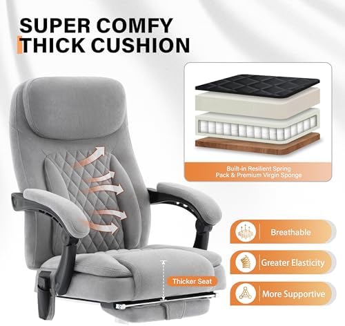 500LBS Massage Office Chair, Reclining 6 Points Vibration and Heat Desk Chair with Foot Rest, Ergonomic Executive Office Chairs, Comfy Wider & Thicker Seat, Big and Tall Gaming Chair, Fabric Grey