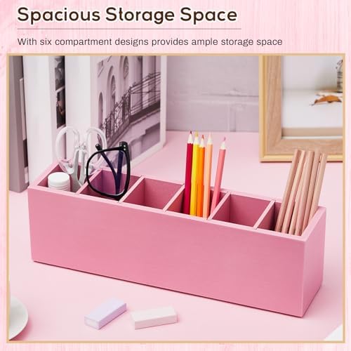 Jetec Wooden Pencil Pen Holder for Desk, Pink, 6 Compartments