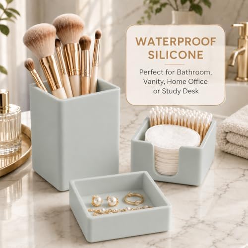 minimaliving Aesthetic Silicone Desk Organizer Set of 3,Modern Office Desk Accessories with Pen Holder,Paperclip Tray,Sticky Note Holder,Stylish Functional Office Desk Decor for Back-to-school(Grey)