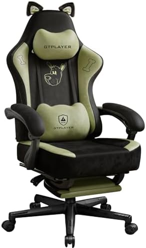 GTPOFFICE Cute Gaming Chair with Cat Ears, Ergonomic Computer Chair with Footrest Cat Paw Lumbar Support Comfortable Reclining Game Chair Desk Chair for Adult Teens, Soft Fabric, Green