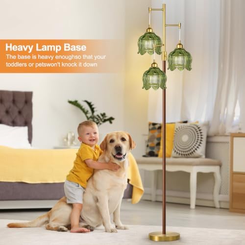 ZECOXOL Wood Floor Lamps for Living Room Bedroom-Rustic Glass Floor Lamp with Three Led Bulb, Modern Mid Century Standing Lamp Brass Vintage Tall Lamp Gold Tree Floor Lamp for Bedroom Corner